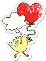 cartoon bird with heart balloon and thought bubble as a distressed worn sticker png