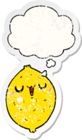 cartoon happy lemon and thought bubble as a distressed worn sticker png