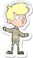 retro distressed sticker of a cartoon curious boy png