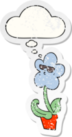 Coole Cartoon-Blume und Gedankenblase als beunruhigter, abgenutzter Aufkleber png