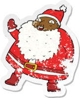 retro distressed sticker of a funny waving santa claus cartoon png