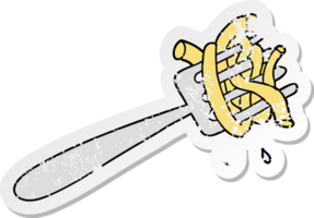 distressed sticker of a cartoon spaghetti on fork png
