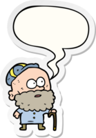 old cartoon man and walking stick and flat cap and speech bubble sticker png