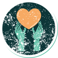 distressed sticker tattoo style icon of a hands reaching for a heart png