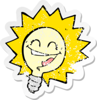 retro distressed sticker of a happy light bulb cartoon png