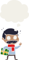 caricaturista con bigote y regalo de navidad y burbuja de pensamiento al estilo retro png