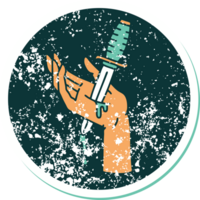 distressed sticker tattoo style icon of a dagger in the hand png