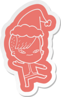 mignonne dessin animé autocollant de une fille avec branché la Coupe de cheveux portant Père Noël chapeau png