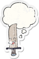 cartoon laughing knife and thought bubble as a distressed worn sticker png