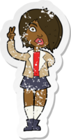 retro distressed sticker of a cartoon cool girl giving peace sign png