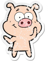 distressed sticker of a happy cartoon pig png