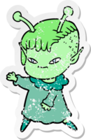 pegatina angustiada de una linda chica alienígena de dibujos animados png