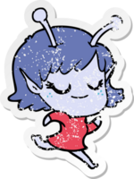 distressed sticker of a smiling alien girl cartoon running png