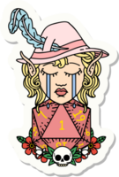 crying elf bard character with natural one D20 roll sticker png