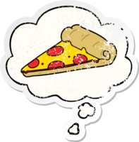 cartoon pizza slice and thought bubble as a distressed worn sticker png