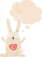 tecknad kanin i kärlek och tankebubbla i retro texturerad stil png