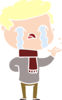 flat color style cartoon man crying wearing winter scarf png