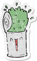 distressed sticker of a cartoon happy exploding soup can png