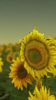Viele leuchtend gelbe große Sonnenblumen auf Plantagenfeldern bei Sonnenuntergang am Abend video