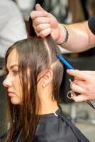 Hairdresser divides female hair into sections with comb holding hair with her hands in hair salon close up. photo