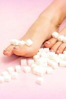 Sugar cubes lying in a row on female feet on pink background with copy space, depilation concept. photo