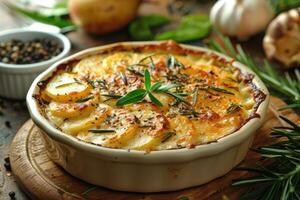 french tartiflette in the kitchen table professional advertising food photography photo