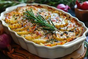 french tartiflette in the kitchen table professional advertising food photography photo