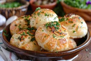 Pao de Queijo brazilian cheese bread in the kitchen table professional advertising food photography photo