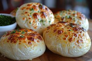 Pao de Queijo brazilian cheese bread in the kitchen table professional advertising food photography photo