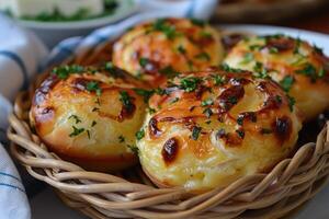 Pao de Queijo brazilian cheese bread in the kitchen table professional advertising food photography photo