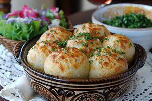 Pao de Queijo brazilian cheese bread in the kitchen table professional advertising food photography photo