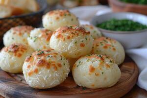 Pao de Queijo brazilian cheese bread in the kitchen table professional advertising food photography photo