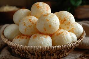 Pao de Queijo brazilian cheese bread in the kitchen table professional advertising food photography photo