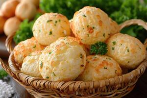 Pao de Queijo brazilian cheese bread in the kitchen table professional advertising food photography photo