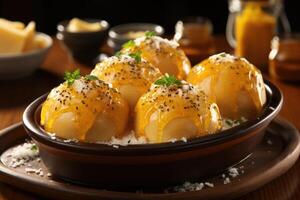 Pao de Queijo brazilian cheese bread in the kitchen table professional advertising food photography photo