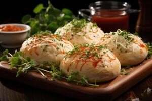 Pao de Queijo brazilian cheese bread in the kitchen table professional advertising food photography photo