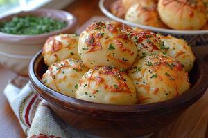 Pao de Queijo brazilian cheese bread in the kitchen table professional advertising food photography photo