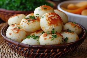 Pao de Queijo brazilian cheese bread in the kitchen table professional advertising food photography photo