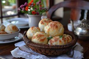 Pao de Queijo brazilian cheese bread in the kitchen table professional advertising food photography photo