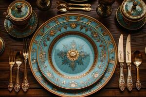 a dinner plate and cutlery for a wedding at a luxury hotel advertising food photography photo