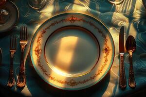 a dinner plate and cutlery for a wedding at a luxury hotel advertising food photography photo