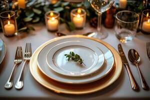 un cena plato y cuchillería para un Boda a un lujo hotel publicidad comida fotografía foto