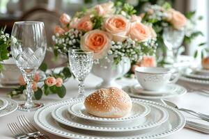 a dinner plate and cutlery for a wedding at a luxury hotel advertising food photography photo