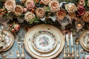 un cena plato y cuchillería para un Boda a un lujo hotel publicidad comida fotografía foto