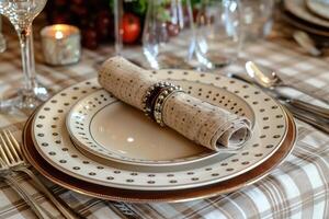 un cena plato y cuchillería para un Boda a un lujo hotel publicidad comida fotografía foto