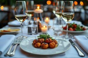 a dinner plate and cutlery for a wedding at a luxury hotel advertising food photography photo