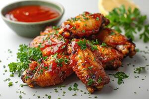 Chicken wings with barbecue sauce in the kitchen table professional advertising food photography photo