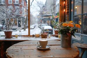 morning hot cup of coffee in the cafe table professional advertising food photography photo