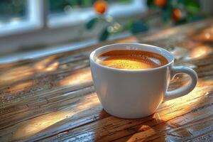 morning hot cup of coffee in the cafe table professional advertising food photography photo