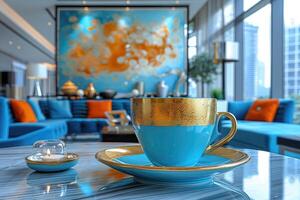 morning hot cup of coffee in the cafe table professional advertising food photography photo